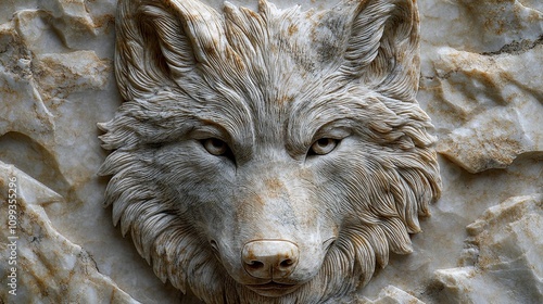 Intricate Stone Carving Of A Wolves Face