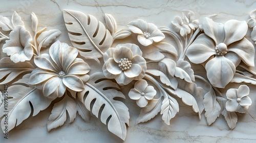 Intricate White Marble Floral Carving Design