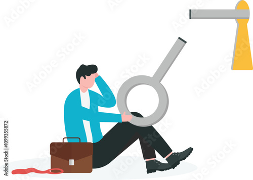 Wrong solution cause business failure, fail to achieve goal, disappointment from unsuccessful project concept. Businessman sadly sitting on floor after he could not unlock key on archery target.
