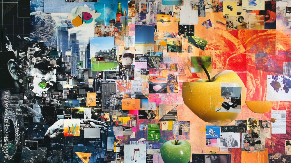 Fototapeta premium A Vibrant Urban Tapestry: Mixed Media Collage Explores Cityscapes, Portraits, and Symbolic Apples in a Dynamic, Expressive Visual Narrative