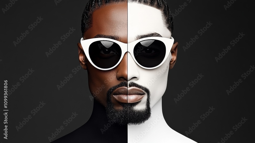 Obraz premium Man's face is split into two halves, one side wearing sunglasses and the other side white