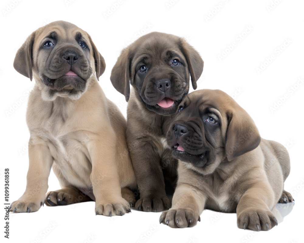 Fototapeta premium Large mastiff puppies isolated on white background. Three Large mastiff puppies sitting and looking at camera on white