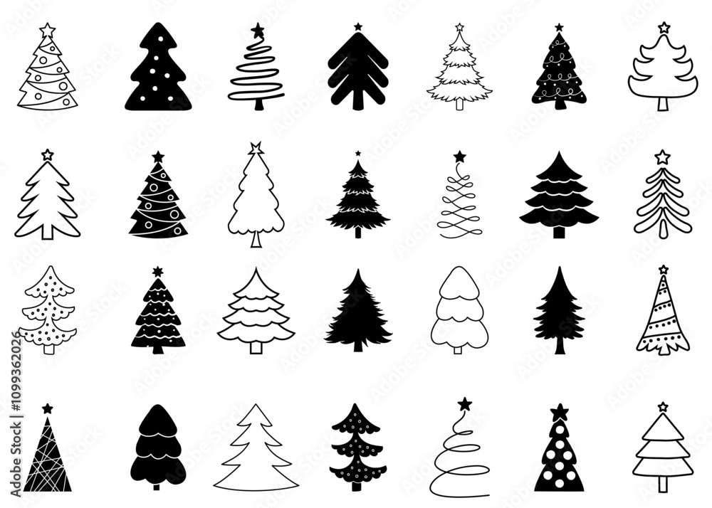 Obraz premium Black and White Christmas Tree Silhouette Vector Set with Festive Lights
