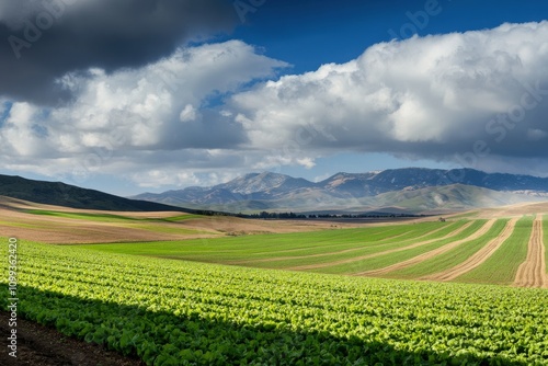 Central California Agriculture: Lettuce Crops Irrigation System in Salinas Valley Landscape