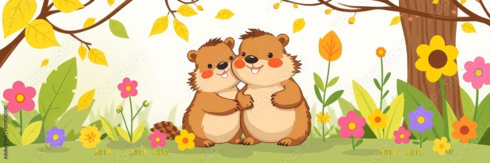 Obraz premium Two cute groundhogs surrounded by colorful flowers and leaves, ideal for nature themes greeting card, adorable, friends