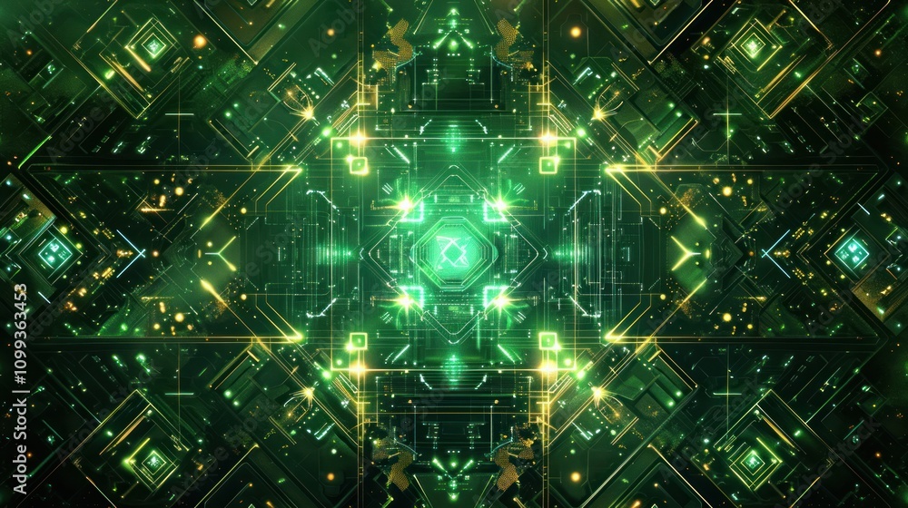 Obraz premium Symmetrical green and gold digital circuit pattern.