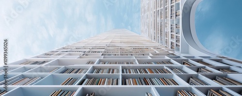 Virtual skyscraper library with shelves scaling infinitely into a digital sky, skyscraper library, limitless inspiration