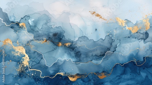 Abstract blue and gold ink wash painting. photo