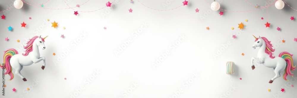 Obraz premium Vibrant rainbow dreams festival backdrop with white decor, rainbows framing the sides, and unicorns scattered around, white, festival
