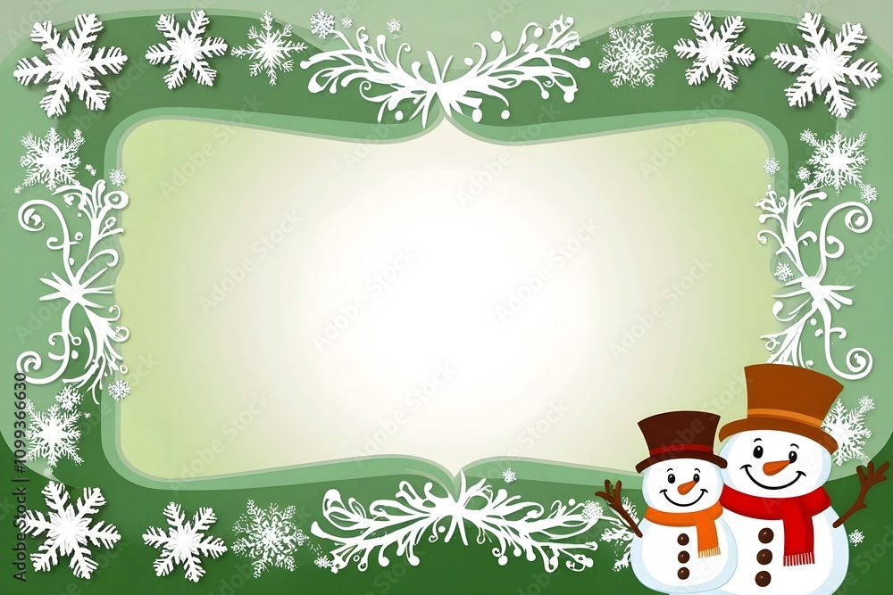 Fototapeta premium Whimsical Snowman Border with Green Winter Gradient Christmas Card