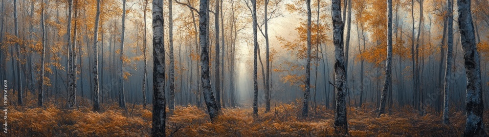 Fototapeta premium A serene forest scene with tall trees, vibrant autumn leaves, and soft sunlight filtering through the branches.