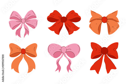 Set of Decorative Ribbons in Hand-Drawn Style. Includes simple bowknots and modern bowtie designs. Ideal for holidays and festive decorations. 