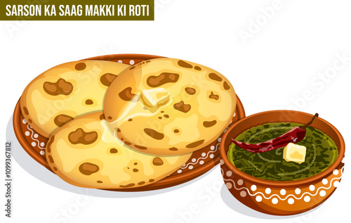 Traditional Sarson Ka Saag and Makki Ki Roti Served in Earthen Pot and Plate with Butter. Punjabi Desi Food Detailed Illustration 