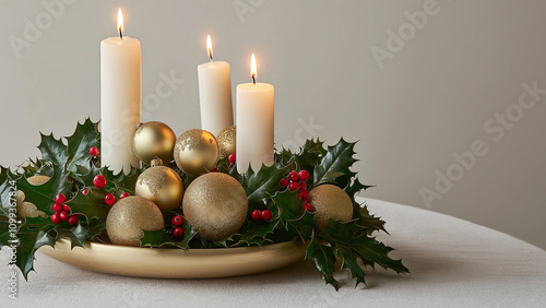 christmas still life with candle and decorations