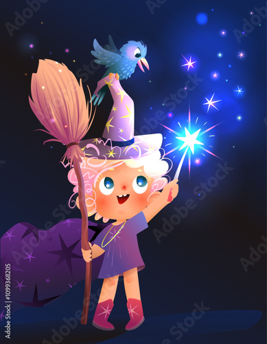 Little witch doing magic, kids character design for kids story. Girl wearing magician costume doing magic with sparkling shiny magic wand. Colorful fairy tale vector on dark background for children.