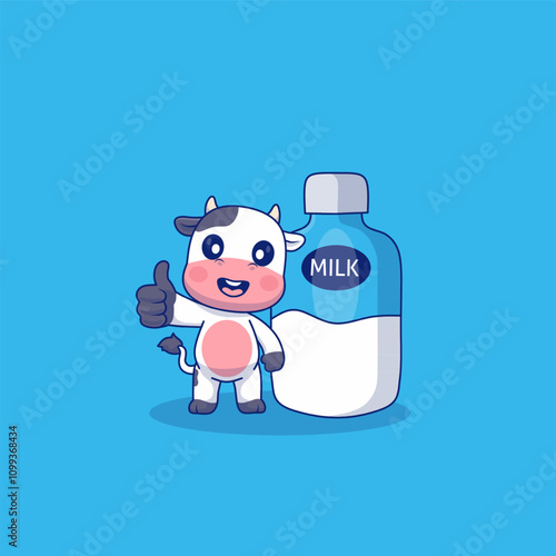 Bottle milk and happy cow logo. Flat design milk. World milk day.