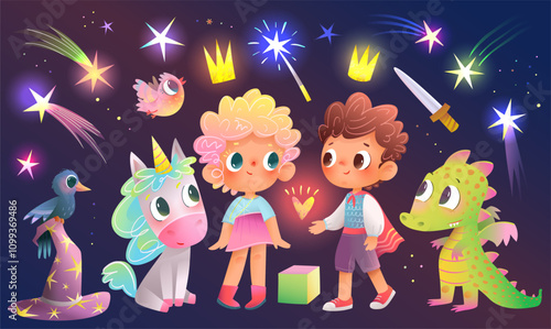 Little princess and prince characters and magical objects for kids story. Children and fairy tale animals as dragon and unicorn. Colorful shiny fairy tale vector clip art graphics on dark for children