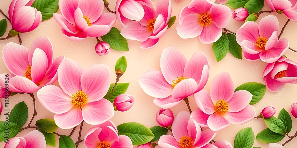 Obraz premium Delicate Pink Magnolia Blossoms A Springtime Floral Arrangement of Exquisite Petals and Lush Green Foliage