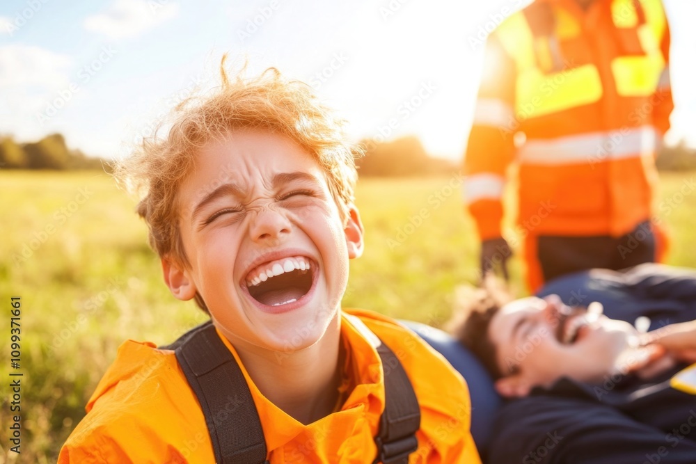 Naklejka premium Joyful caucasian child in bright orange jacket outdoors with emergency worker
