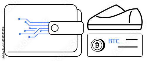 Digital cryptocurrency wallet next to a hardware device and Bitcoin card. Ideal for finance, technology, e-commerce, investments, security, fintech, and blockchain concepts. Line metaphor