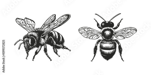 Detailed black and white bee. Honey bee sketch old engraving vector illustration. hand drawn vintage honey bee old engraving vector illustration. 
