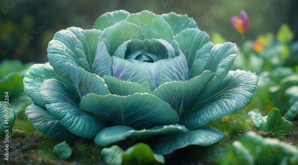 Obraz premium head of green cabbage with large, slightly overlapping leaves, sits in a garden setting