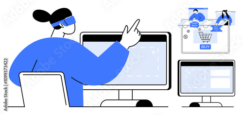 Person interacting with computer screens in VR headset, pointing towards an online shopping interface with a cart and Buy button. Ideal for e-commerce, VR tech, digital markets, online retail