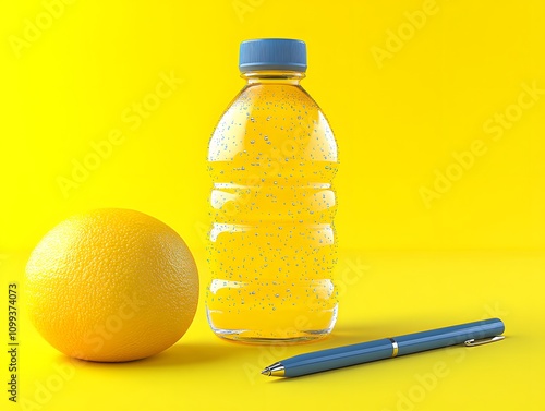 A vibrant scene featuring a water bottle, an orange, and a blue pen against a bright yellow background. photo