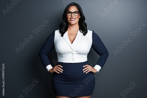 Confident young hispanic woman in professional attire with glasses photo