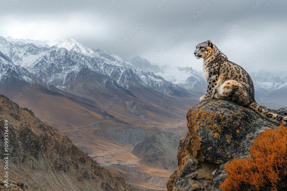 Naklejka premium A lone snow leopard sits on a rocky crag, looking out over a vast mountainous landscape. The sky is overcast, and the mountains are snow-capped.