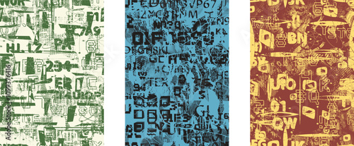 Set of posters with glitch distorted grunge texture. Poster collection texture with halftone dots, glitched shapes, textures and lines .Screen print vector poster pack with grunge textured surface