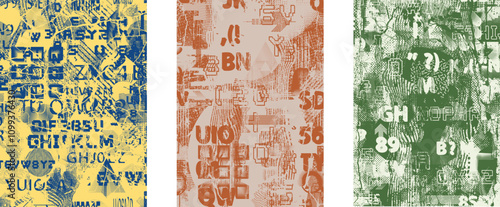 Set of posters with glitch distorted grunge texture. Poster collection texture with halftone dots, glitched shapes, textures and lines .Screen print vector poster pack with grunge textured surface