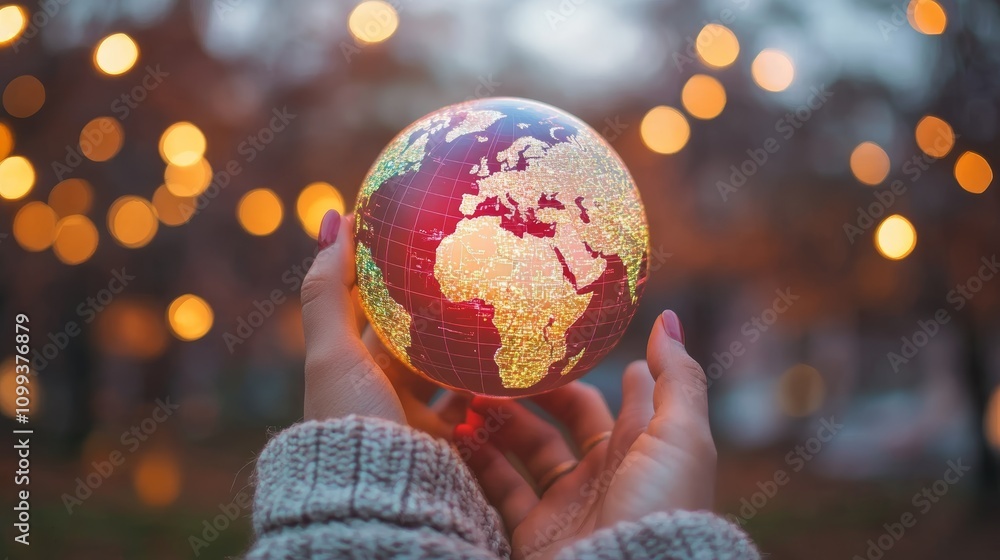 Fototapeta premium Smartphone projection of a glowing world map outdoor evening setting visual display nature-inspired hands-on experience