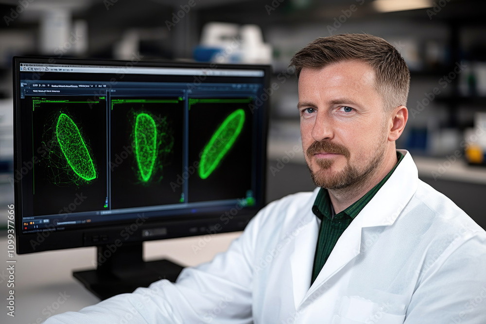 Fototapeta premium Caucasian male scientist analyzing cells on computer screen in laboratory setting