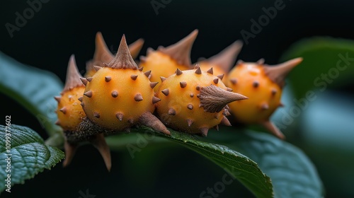 Close-up of bright yellow spiky galls on a green leaf, displaying detailed texture and unique formations in a natural setting. photo