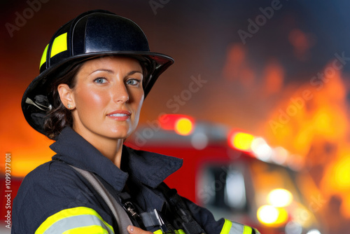 Confident caucasian female firefighter in uniform standing in front of blazing fire photo