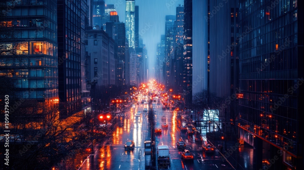 Fototapeta premium Rainy city street with illuminated buildings and car lights at night.