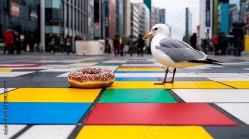 Seagull is standing on a colorful mosaic floor next to a donut. The scene is lively and playful, with the bird and the donut creating a sense of whimsy and fun photo