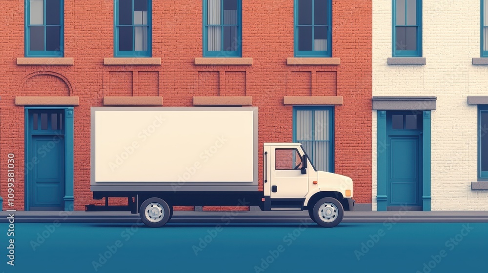 Fototapeta premium Moving truck parked on colorful urban street cityscape transportation daylight side view urban art