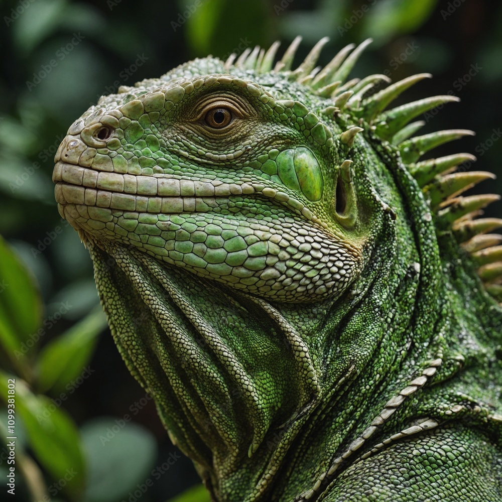 Fototapeta premium A close-up of an iguana’s scales against green foliage.