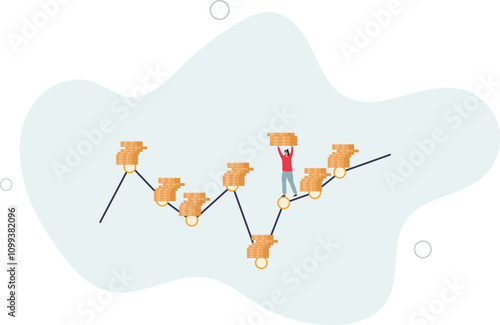 DCA, Dollar Cost Averaging investment strategy to put same amount of money every month to earn more wealth and profit concept.flat characters.