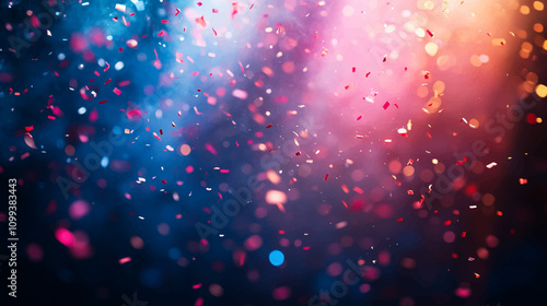 Neon spotlight stage background. Disco party projector light concert or show scene. Magic beam glow for nightclub or award winner with confetti glitter. Congratulation performance for celebrity