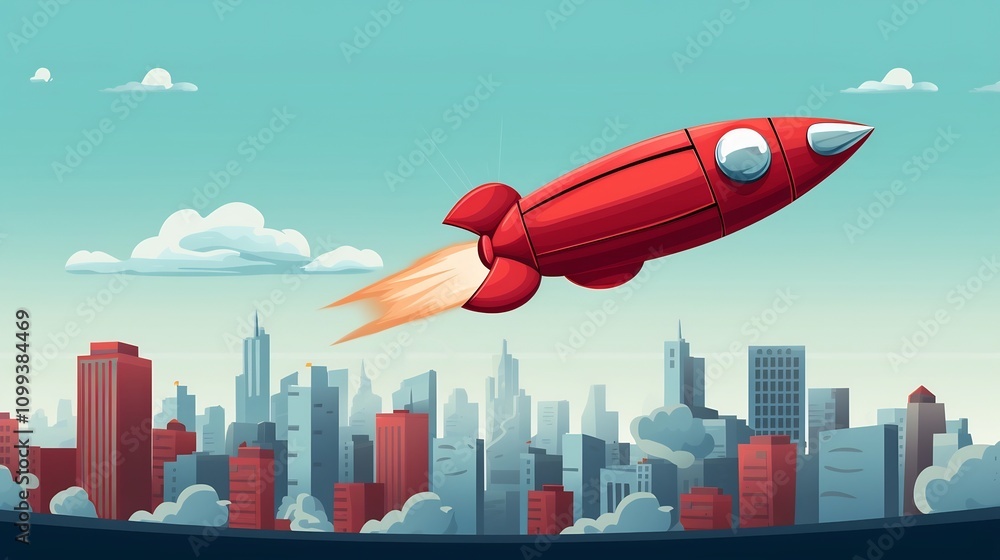 Naklejka premium Cartoon of a missile with a superhero cape flying swiftly through a cityscape depicting action adventure and heroic power