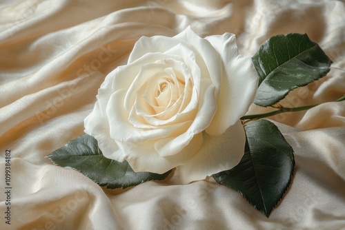 A single white rose lies on a bed of soft, cream-colored silk.