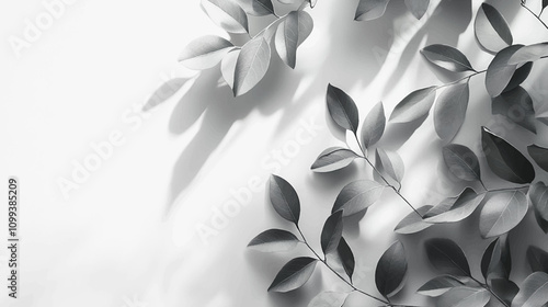 Abstract leaf shadow and light blurred background. Natural leaves tree branch shadows and sunlight dappled on white concrete wall texture for background wallpaper and design, shadow overlay effect