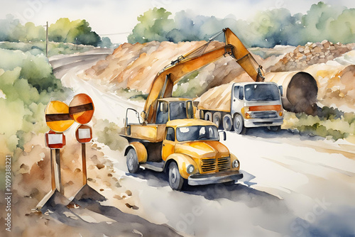 水彩画風　工事自動車