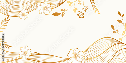 Abstract Luxury Background with Gold Line Sea Waves and Florals. Japanese banner with golden sea waves with plants and leaves. Wedding card