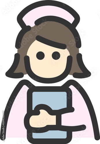 ファイルを持った、看護師の女性のアイコン（線画カラー）のイラスト