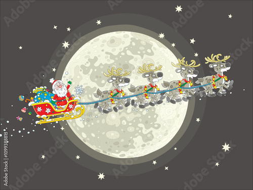 Santa Claus with holiday gifts in his magical sleigh with a team of reindeers flying in the night sky on the background of the glowing Moon on a snowy night before Christmas, vector cartoon