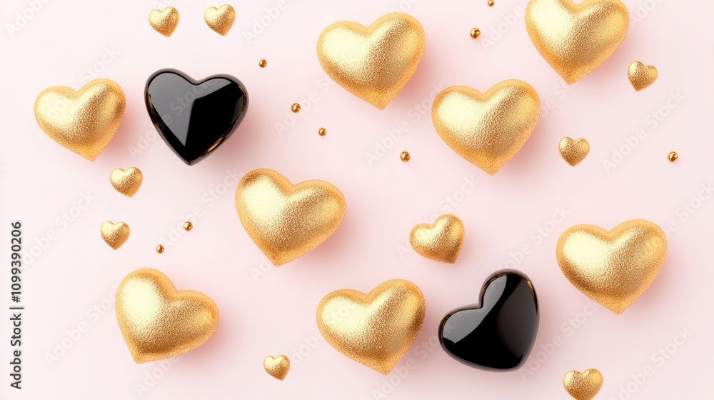 Obraz premium Bunch of gold and black hearts are scattered across a pink background. The gold hearts are larger and more prominent than the black ones, creating a sense of contrast and balance